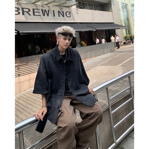 F344-P68 夏季复古宽松水洗做旧衬衣新中式潮牛仔外套男 现货图片