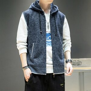 马甲外套男无袖针织开衫连帽背心坎肩加厚加绒男士毛衫DF143T图片