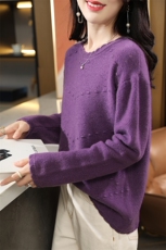 秋冬季纯澳毛七针加厚女士挑空圆领豆粒羊毛衫，女装羊毛衫，君贝羊绒