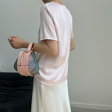 V领气质真丝缎面短袖T恤女2025年夏季新款桑蚕丝宽松显瘦打底上衣，女装T恤，蒙绒特