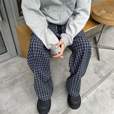 美式潮牌格子休闲裤男女秋季直筒阔腿长裤宽松拖地裤子BK066-p50，男装休闲裤，星座1008