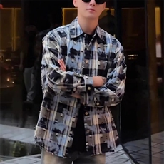 1506/QJ040/P53格子翻领百搭长袖衬衫外套男格纹渐变质感破洞，男装衬衫，星座1506