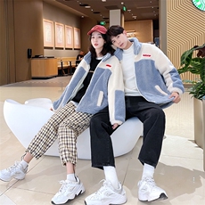 情侣秋冬加厚上衣保暖羊羔毛宽松撞色拉链口袋羊羔ins潮，女装棉衣/棉服，潮品会