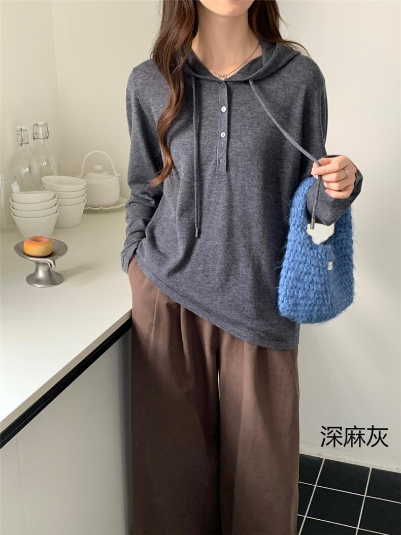 2025年秋季纯色长袖通勤宽松型系扣套头帽衫,女装羊毛衫,纳驰羊绒