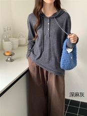 2025年秋季纯色长袖通勤宽松型系扣套头帽衫，女装羊毛衫，纳驰羊绒