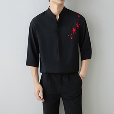 小伙立领纯色衬衫男休闲宽松风刺绣衬衣轻熟风A236-82571-P55，男装衬衫，电商A236