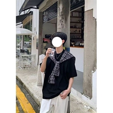 美式夏季薄款假两件衬衫T恤男生拼接自带披肩休闲宽松百搭短袖男，男装T恤，星座601-1