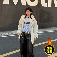 现货高品质美式高街重磅座山雕连帽pu皮棉衣男女加厚毛毛绒冬外套，男装皮衣，电商A486