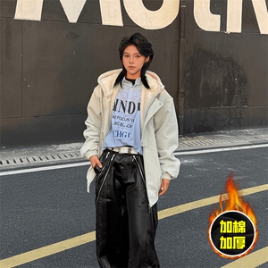 现货高品质美式高街重磅座山雕连帽pu皮棉衣男女加厚毛毛绒冬外套图片