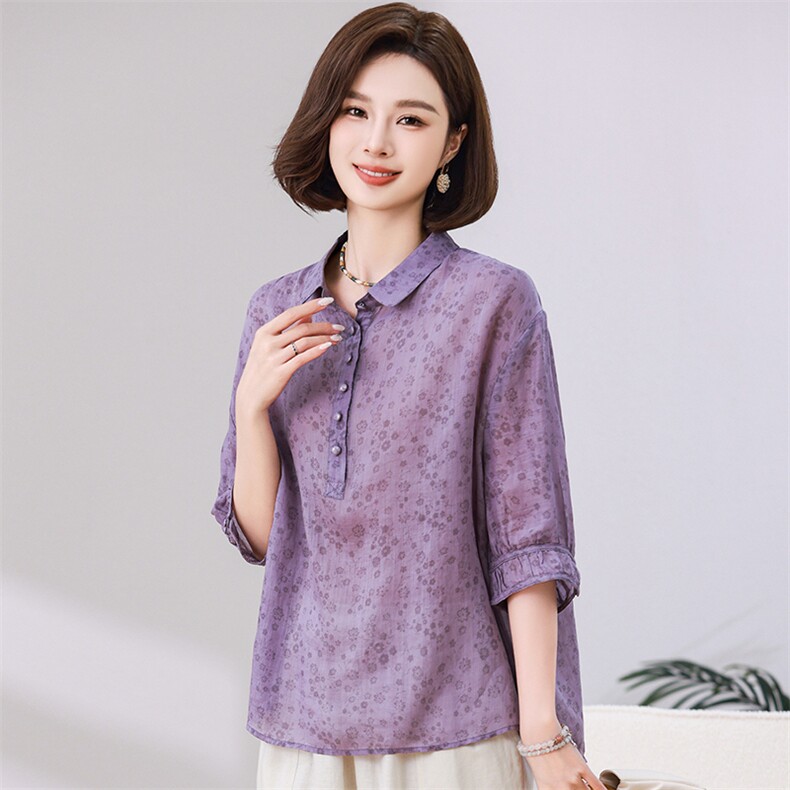 碎花苎麻上衣女2025夏装新款时尚中年妈妈洋气减龄亚麻,女装衬衫,独衣靓