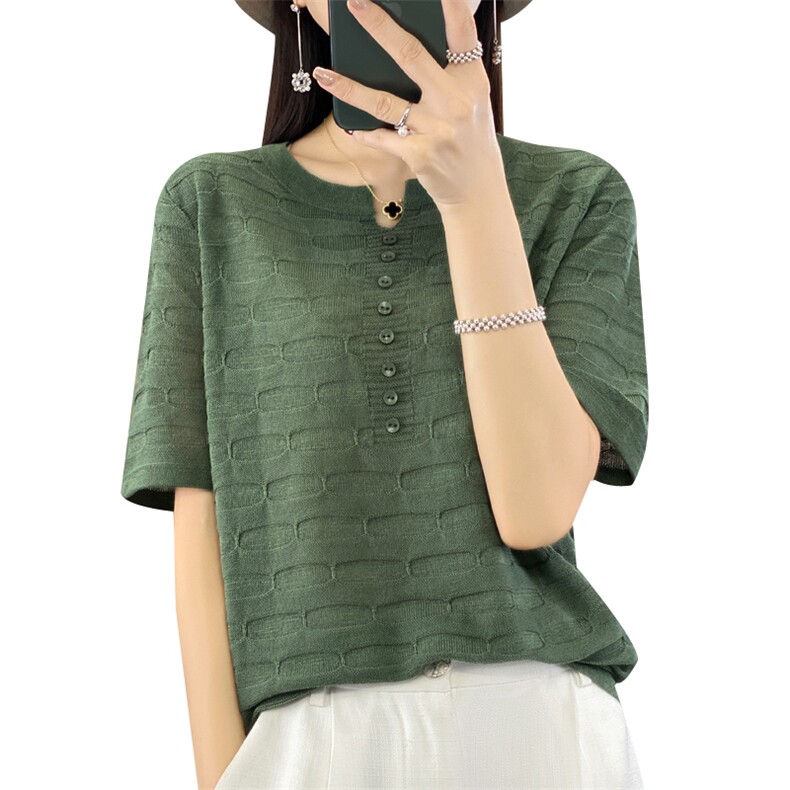 23夏季薄款竹节麻V领针织短袖女百搭纯色套头T恤宽松显瘦半袖上衣,针织衫/毛衣,大美人包芯纱店