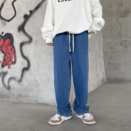 主推！宽松直筒拖地系绳牛仔裤长裤B377-K01-P38-限58，男装牛仔裤，电商B377