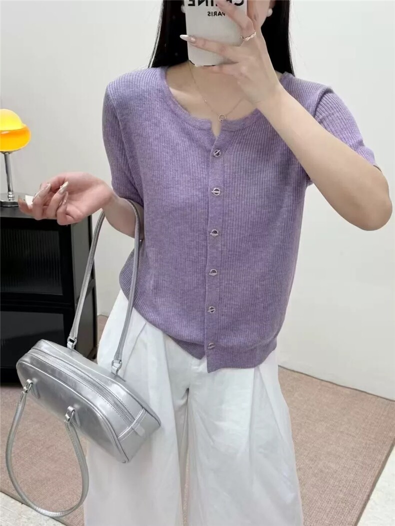 -韩版小清新精纺羊毛圆领开衫短袖,女装T恤,艾米娇羊绒