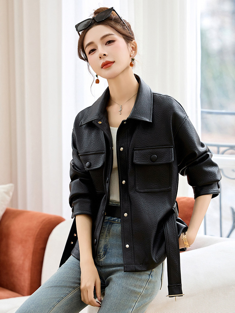 皮衣外套女2025年新款春秋高级感小个子收腰修身显瘦短款翻领夹克,女装皮衣,布芭啦