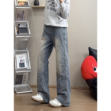 B221美式ins高街小众格子提花直筒牛仔裤LK24382-特P52控88，男装牛仔裤，电商B221