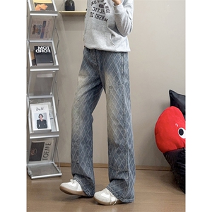 B221美式ins高街小众格子提花直筒牛仔裤 LK24382-特P52控88,男装牛仔裤,电商B221
