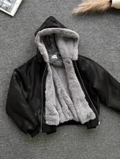 霜冻裂纹皮座山雕外套男女冬季cleanfit连帽PU皮棉服LM60299-P135，男装棉衣，星座1008