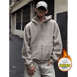 480G重磅加绒硬挺boxy 男女秋冬美式高街条纹毛呢卫衣开衫厚外套图片