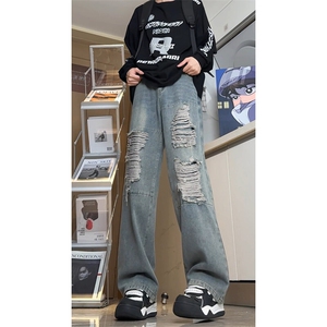 潮牌直筒破洞设计百搭牛仔裤痞帅时尚个性休闲长裤K606TP48控78