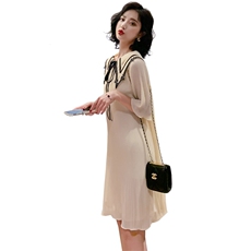 2021年夏款新款时尚娃娃领海军服雪纺显瘦百褶连衣裙，女装连衣裙，瑶迪依秀