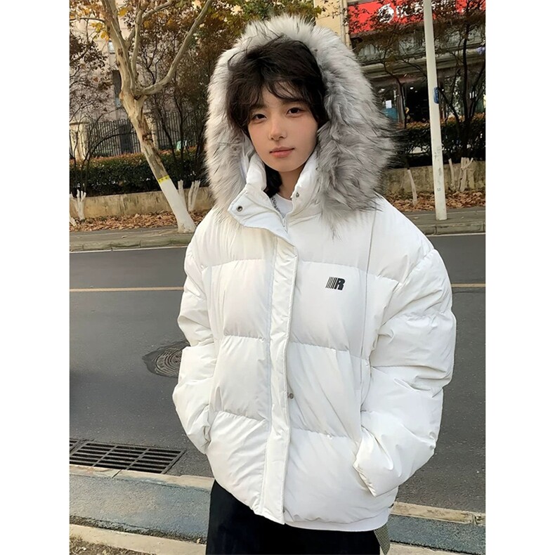网图有货秋冬白色毛领连帽棉服外套男女宽松保暖棉袄A1136-P92,男装棉衣,星座1505