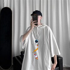 LD54165-P45 连帽短袖t恤男大码胖子带帽五分袖中袖图片