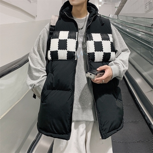 2026秋冬连帽格子拼接羽绒棉马甲背心手塞棉 MJ17555/P75 黑色图片