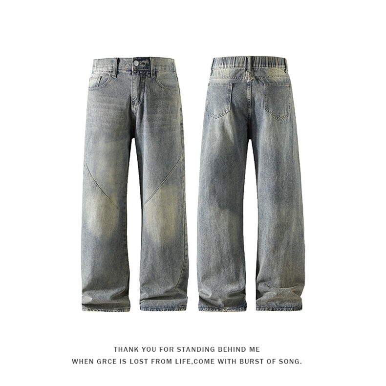 新款痞帅做旧大码水洗拼接牛仔裤男潮牌复古长裤N6456-特P40控78，男装牛仔裤，电商A001