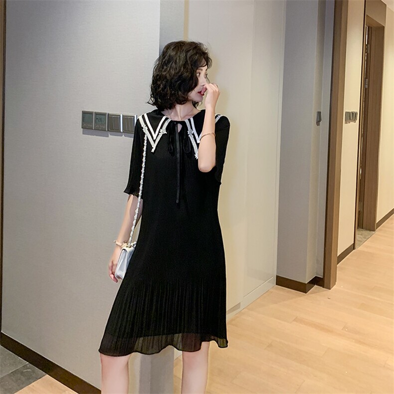 2021年夏款新款时尚娃娃领海军服雪纺显瘦百褶连衣裙,女装连衣裙,瑶迪依秀