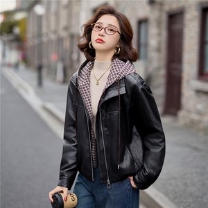 主推皮衣外套女连帽格子拼接上衣2025冬季新款加厚毛皮夹克机车服图片