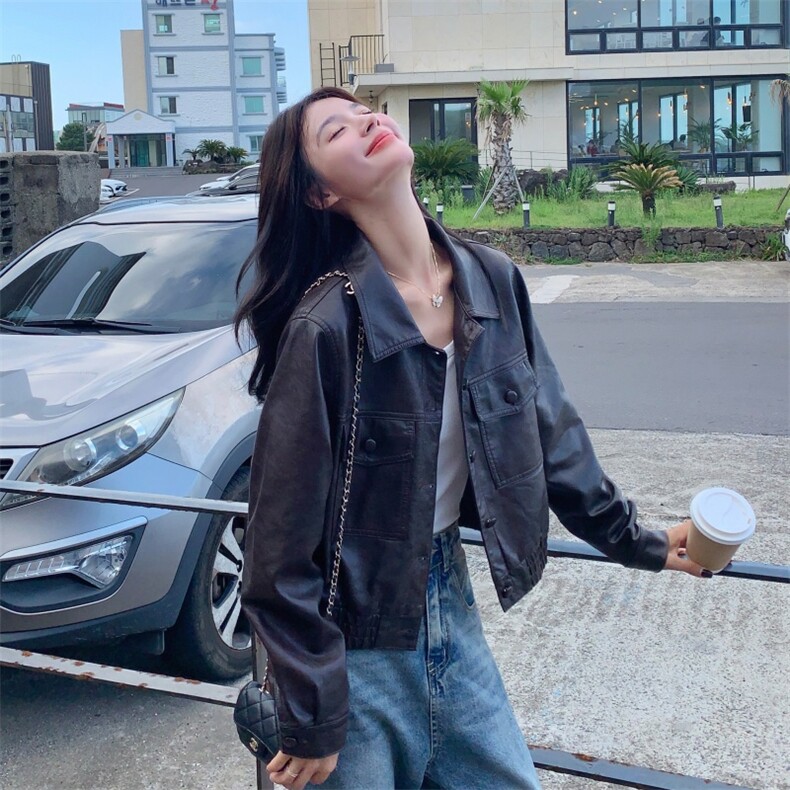 【现货主推】复古宽松棕色PU皮衣外套女2025秋季新款高级质感1387，女装皮衣，欣美人