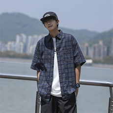 日系复古格子短袖衬衫2024夏季高级感休闲衬衣男现货W8219-P38，男装衬衫，星座512-4