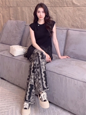 欧韩气质时尚套装女夏季新款正肩网纱设计无袖上衣碎花长裤两件套，女装套装/套裙，江南