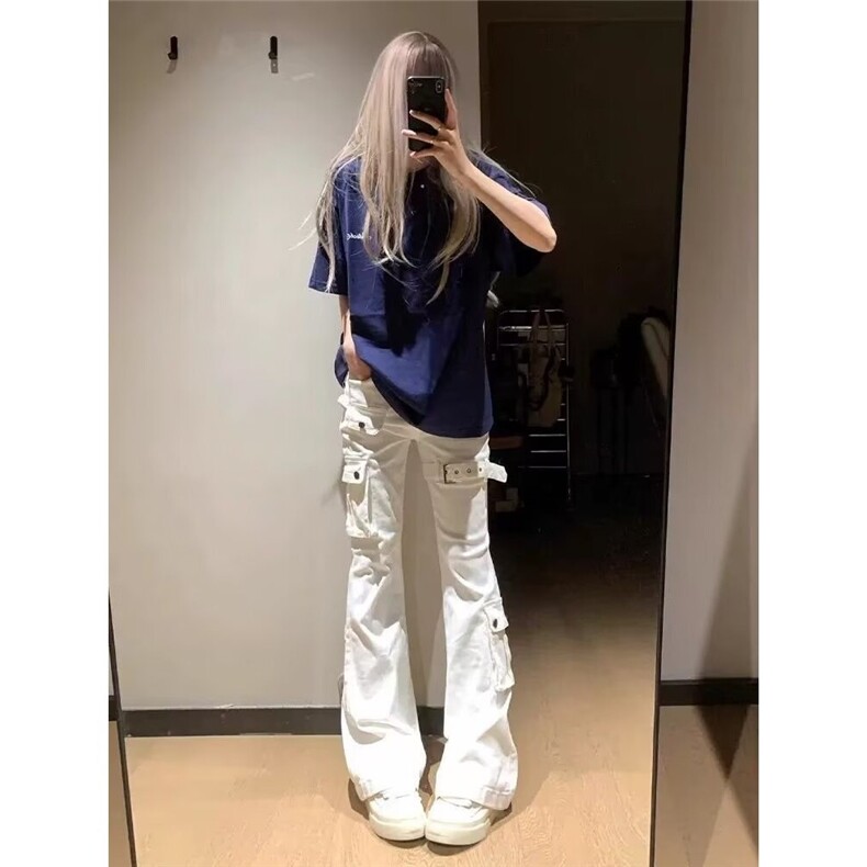 白色vibe绑带直筒牛仔裤女夏薄款设计感裤子美式高街微喇工装长裤,男装牛仔裤,星座302B-2
