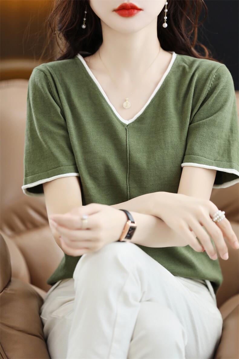 夏季新款纯棉短袖女V领拼色棉麻t恤宽松休闲针织半袖薄款打底上衣,女装T恤,鹿一羊绒