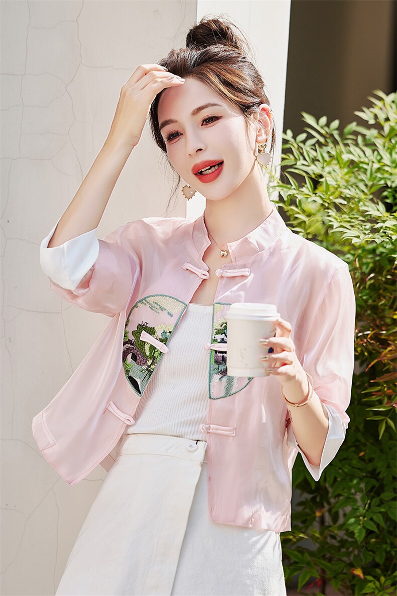 新中式国风盘扣短款防晒服女外套夏季时尚薄款唐装刺绣汉服防晒衣,女装防晒衣,韩美纤衣