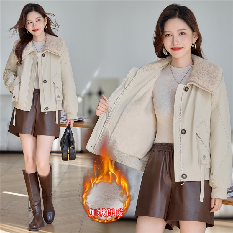 时尚羊羔毛领加绒短款外套女2025秋冬新款减龄宽松百搭派克服棉服，女装棉衣/棉服，依万里