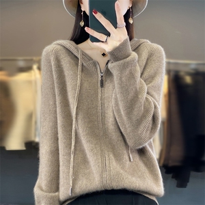 秋冬款樱花粉色100羊毛衫女士拉链连帽开衫外套毛衣羊绒针织衫图片