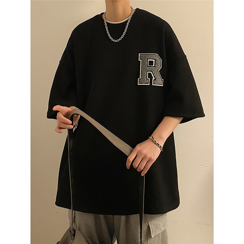 2023夏季新款简约纯色华夫格字母刺绣短袖学生T恤JK23241-p25控38,男装T恤,星座605(原A050)