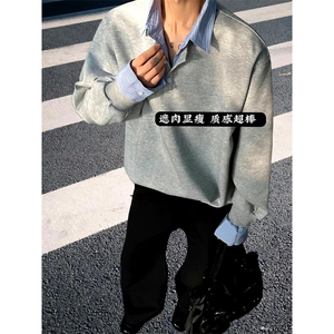 抖音得物高品质26春装美式高街假两件衬衫领长袖卫衣POLO领打底衫图片