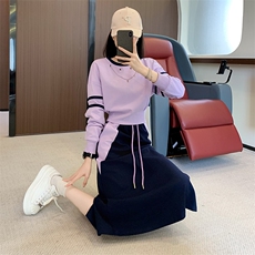 女秋新款设计感链条圆领撞色卫衣半身裙两件套，女装套装/套裙，江南