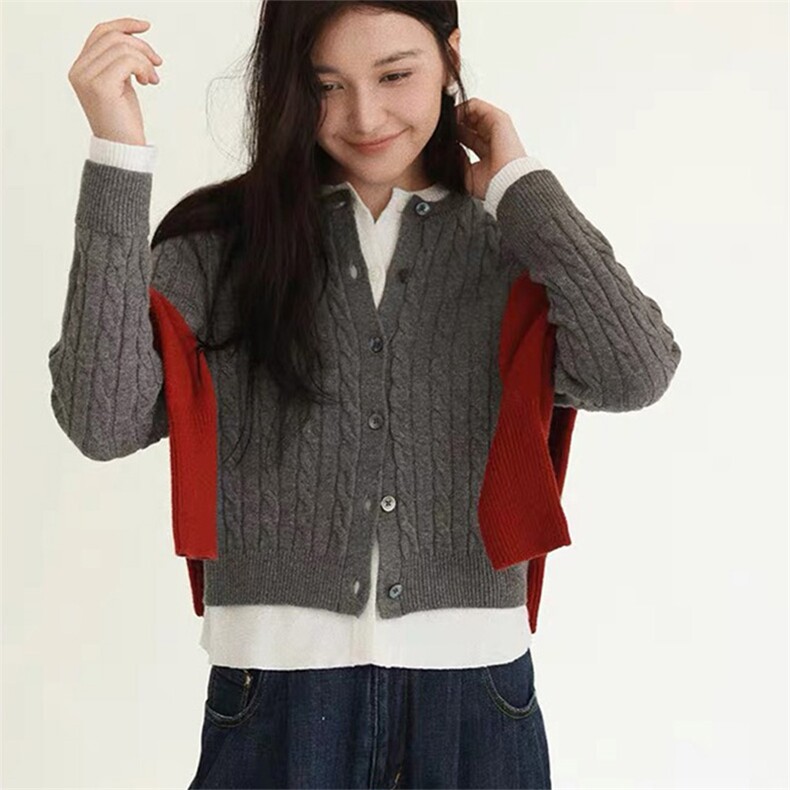 韩版宽松显瘦假两件设计感羊毛针织开衫女,女装羊毛衫,泰沅羊绒
