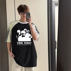 抖音得物品质二开240克宽松纯棉美式潮牌插肩三杠织带短袖T恤图片