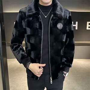 主推秋男士商务休闲纯色夹克金貂绒外套中年时尚上衣ZX8906-P225图片