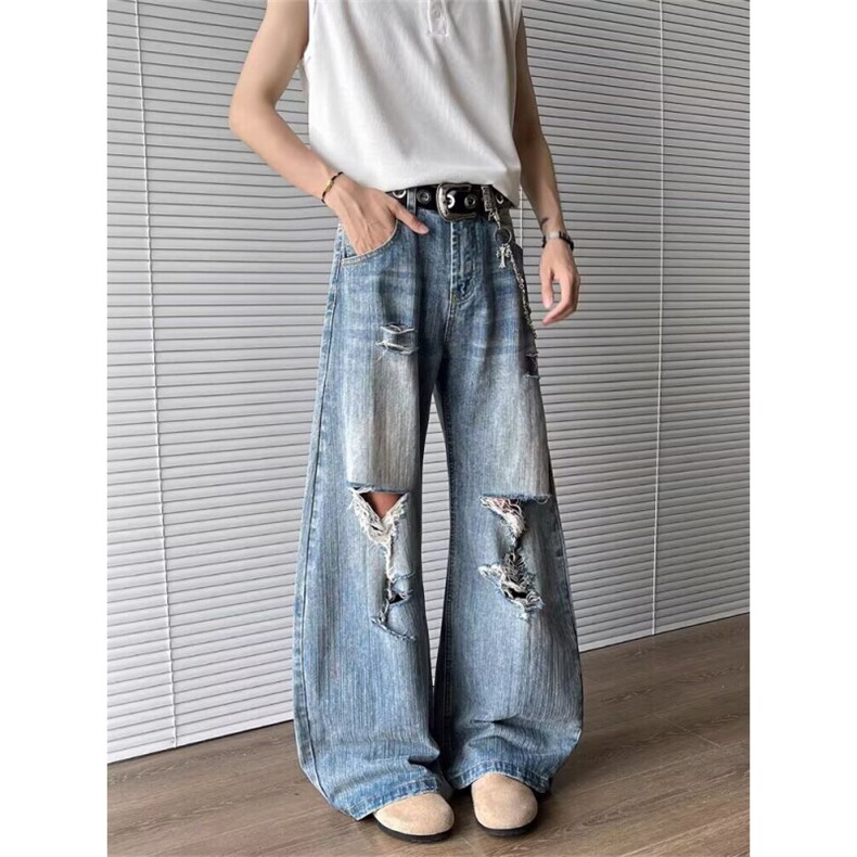 3300美式复古痞帅做旧破洞牛仔裤男新款高街宽松直筒阔腿长裤子，男装牛仔裤，星座308A-1（原309B-1）