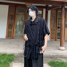 新中式拼接绑带短袖衬衣夏季复古小众肌理感衬衫男现货W8253-P43，男装T恤，星座512-4