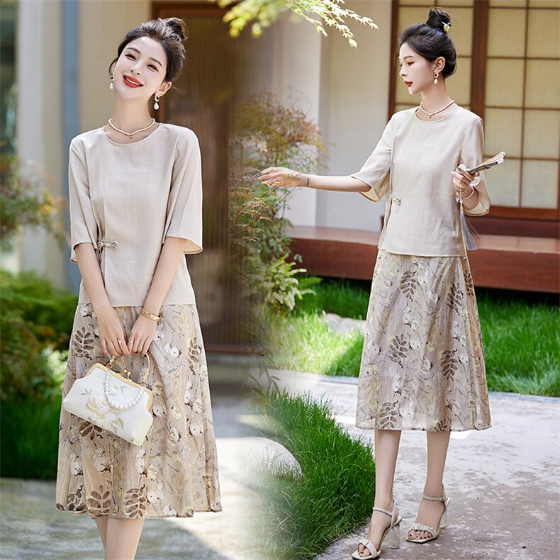 轻熟风妈妈气质国风套装裙女2025夏新款盘扣上衣印花半身裙两件套，女装套装/套裙，牡丹诺