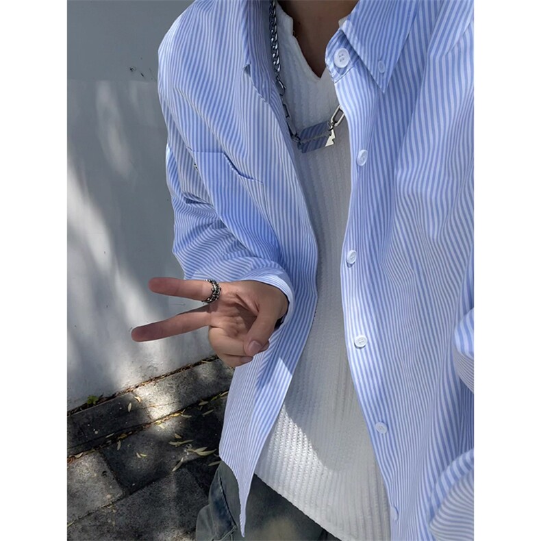 日系cityboy条纹长袖衬衫潮流休闲衬衣宽松百搭外套C2264-特价P33,男装衬衫,电商A007