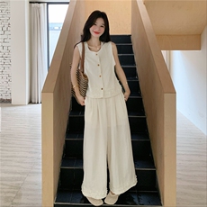 米白色木耳边拼接无袖马甲套装女2025夏新款直筒休闲阔腿裤两件套，女装套装/套裙，2C232