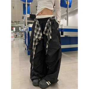JIAONI美式街头可拆卸叠穿街舞阔腿裤双腰头休闲伞兵裤K6576-P48图片